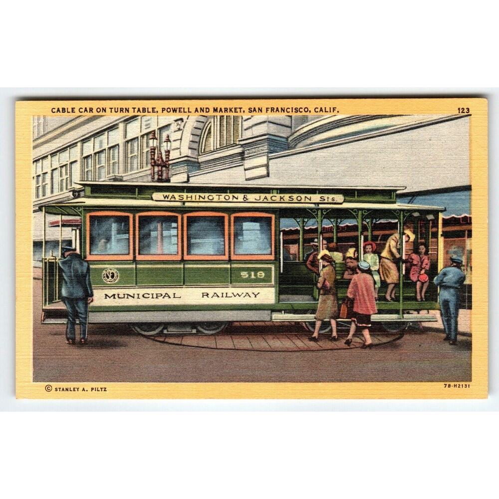 Cable Car On Turn Table Powel & Market San Francisco California Linen Postcard